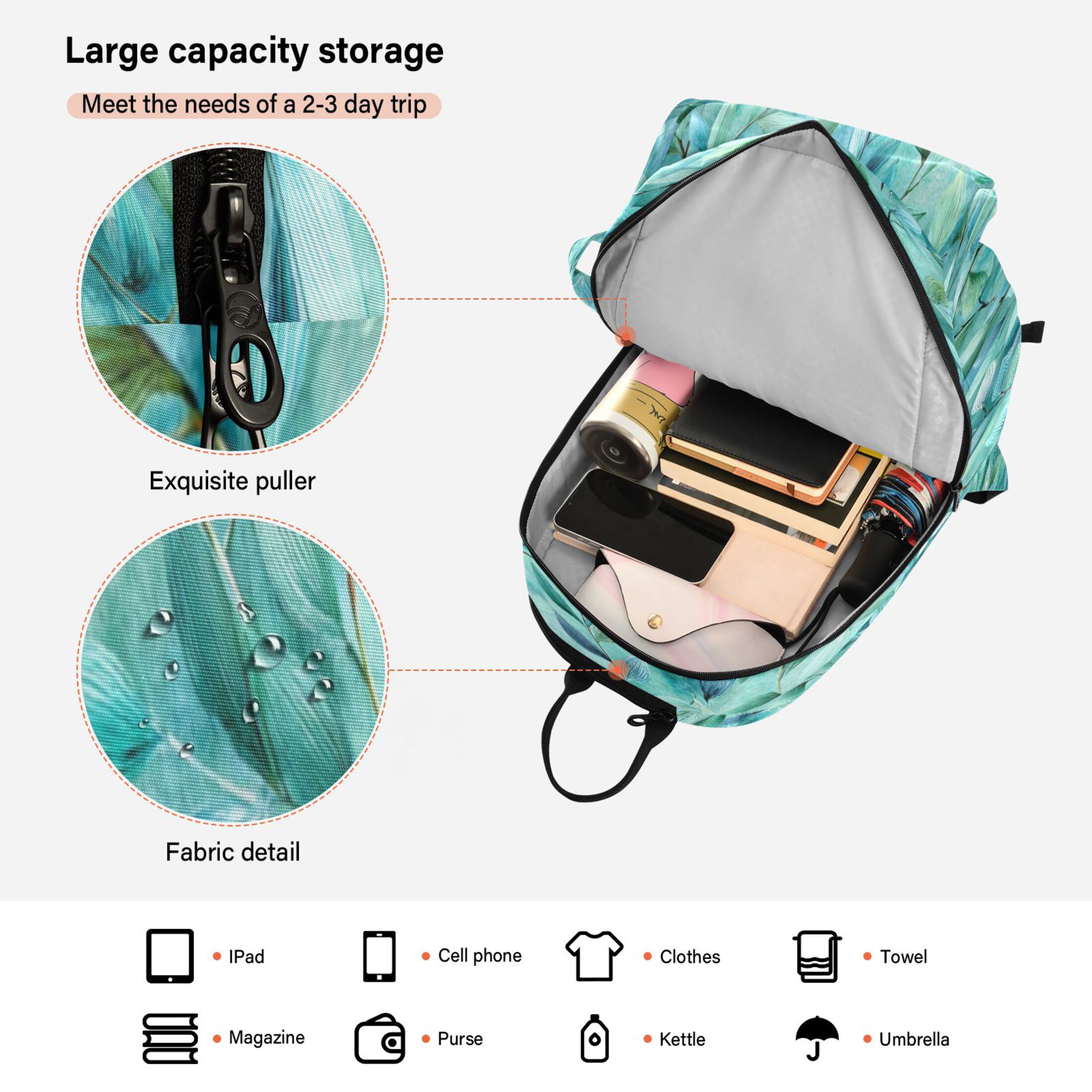 2 Racquet Holder Tennis Backpack Tennis Racket Covers Gym Bags Teal Leaves and Vines