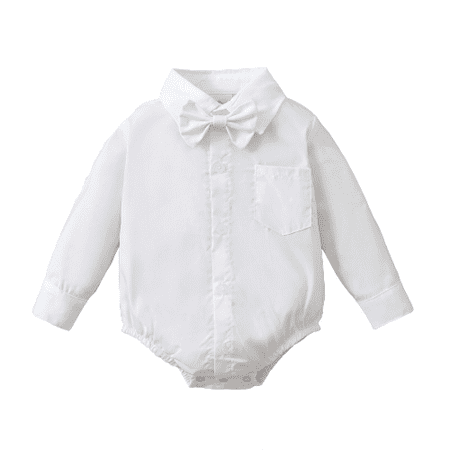

NZRVAWS Baby Boys Romper Jumpsuit Onesies Bodysuit Long Sleeve Turn-down Collar Bow Tie Pocket Button Romper 18-24 Months White