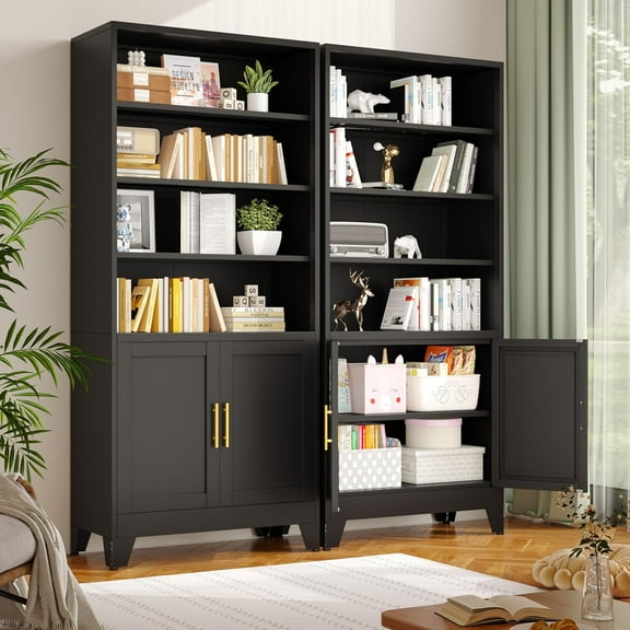 71" Metal Bookcases and Bookshelves with 2 Doors and 4 Adjustable Shelves, Tall Black Storage Cabinet Modern Open Display Book Shelf for Living Room, Bedroom, Office (Black)