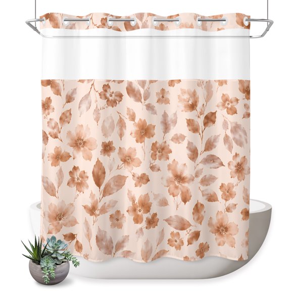 No Hook Shower Curtain, Orange Spring Floral Shower Curtains for Bathroom with See Through Top Window, Summer Botanical Elegant Watercolor Waterproof & Washable Bath Curtain 66"x72"