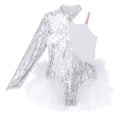thumbnail image 3 of Alvivi Kids Girls Sequins Asymmetrical Shoulder Mock Neck Feather Tulle Skirted Leotard Jumpsuit Silver 14, 3 of 5