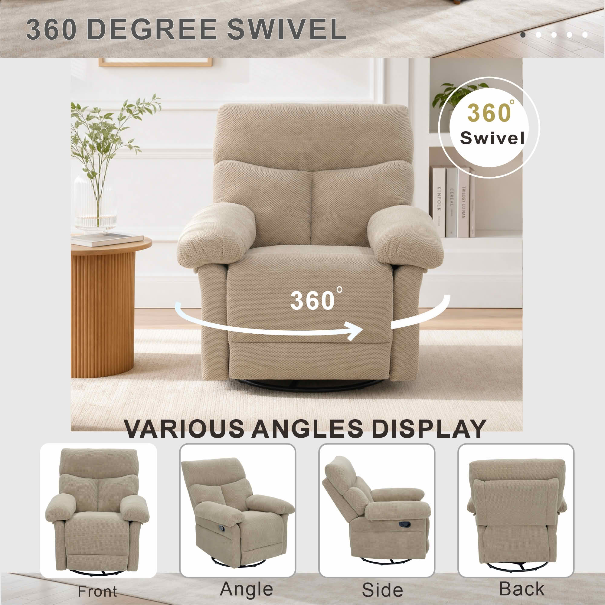 MAYEERTY 41 In Swivel Rocker Recliner, 360 Degree Manual Glider, Overstuffed, Camel, 300 lb