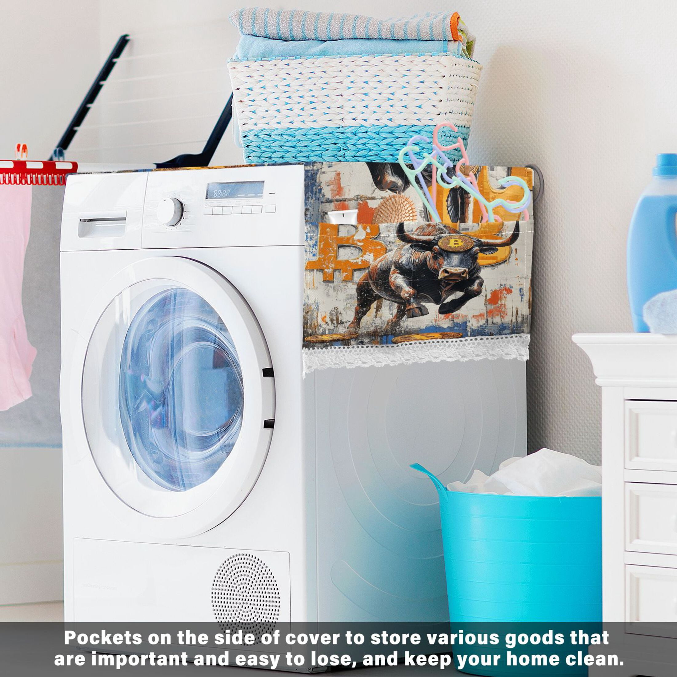 Gold-coin CowWasher and Dryer Covers Dust-Proof and Oil Resistant Fridge Cover with 4 Storage Pockets Washing Machine Top Cover for Laundry Kitchen Home 51.2 x 22 In