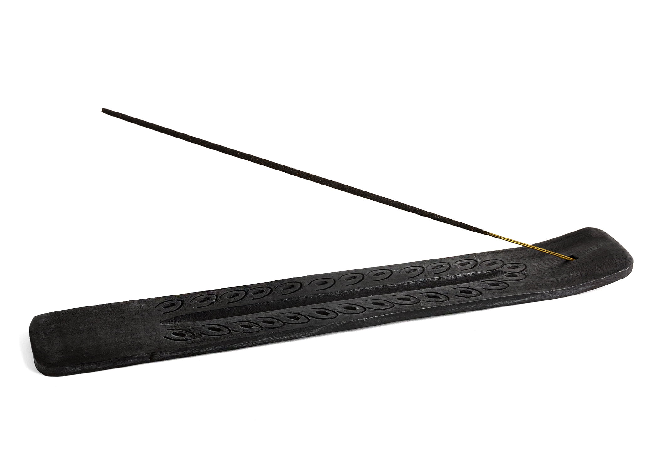 Wooden Incense Holder for Sticks Black Carved Painted Wood 10 inches Long