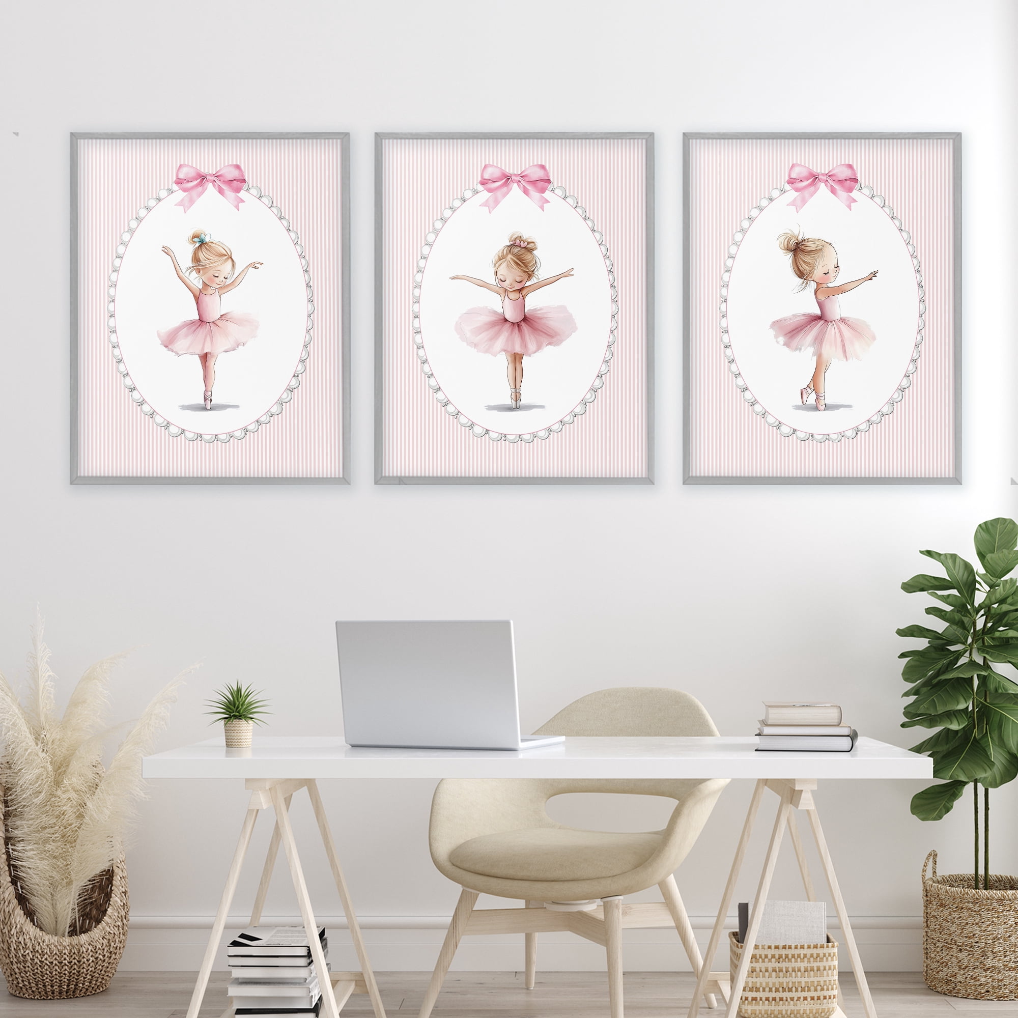 Stupell Industries Dancing Ballerinas in Pink 3 Piece Gray Framed Giclee Art Set, design by Christine Simpson Art