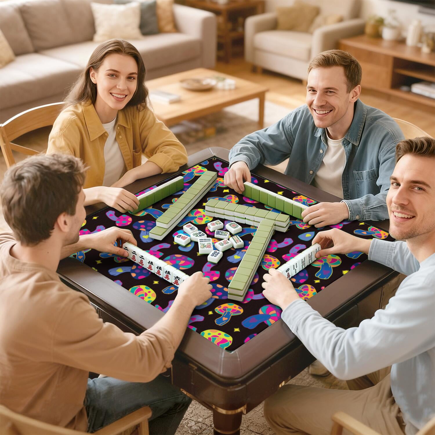 Square Plants Mahjong Playing Mat 31.5x31.5 Inches Made of High Quality Rubber Featuring Anti-Slip Non-Slip Backing and Noise Reduction for Tiles Cards Board Games