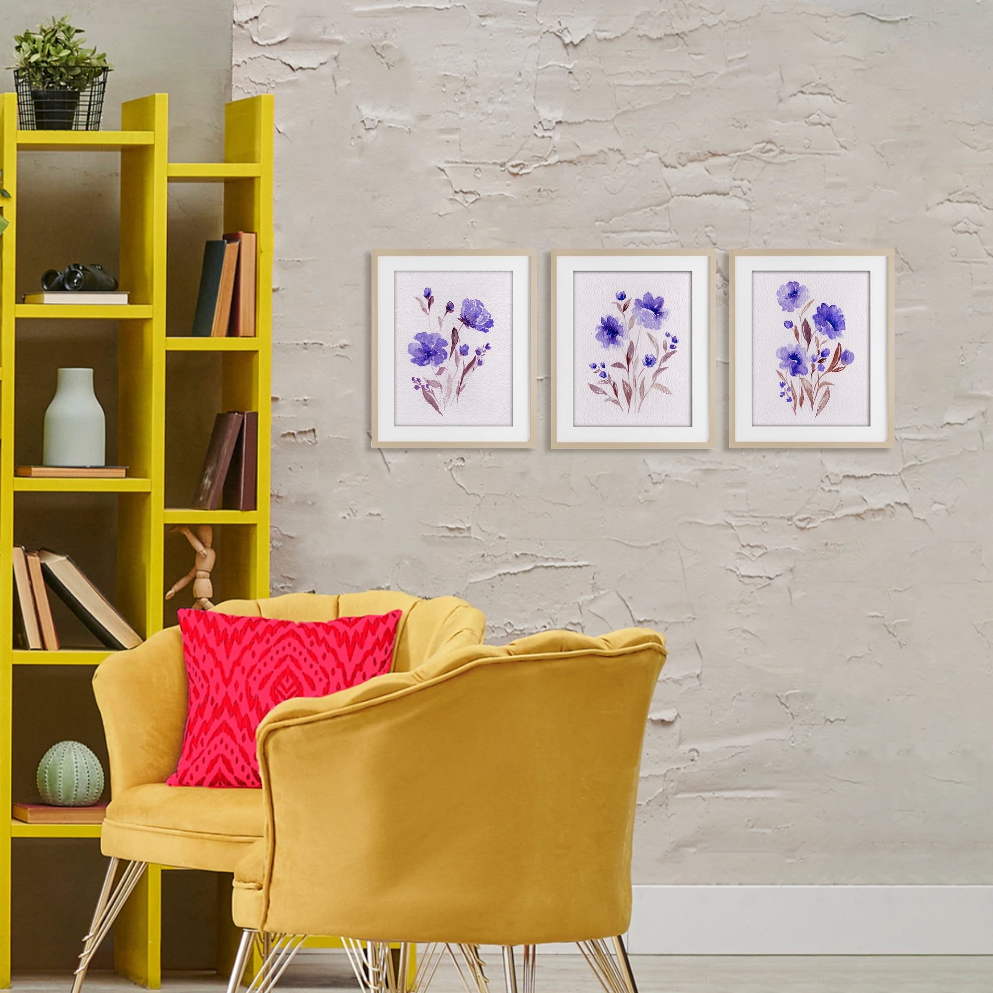 Stupell Industries Watercolor Purple Blooms 3 Piece Birch Framed Print Under Glass Set, design by Leah Noel Art