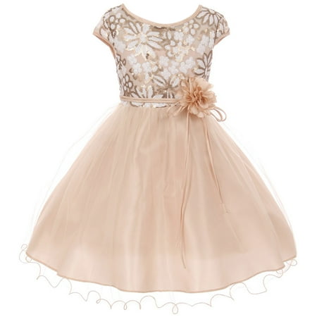 Wedding Dress Cap - Little Girls Elegant Cap Sleeve Sequin Pageant Easter Wedding Flower Girl Dress Champagne 4 (2J1K1S6)