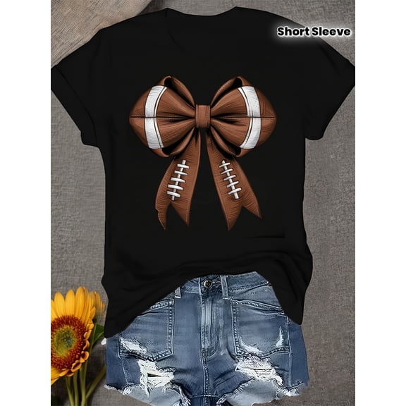 Women's Football Coquette Bow Graphic T‑Shirt Cute Game Day Short Sleeve Fall Casual Tee Top