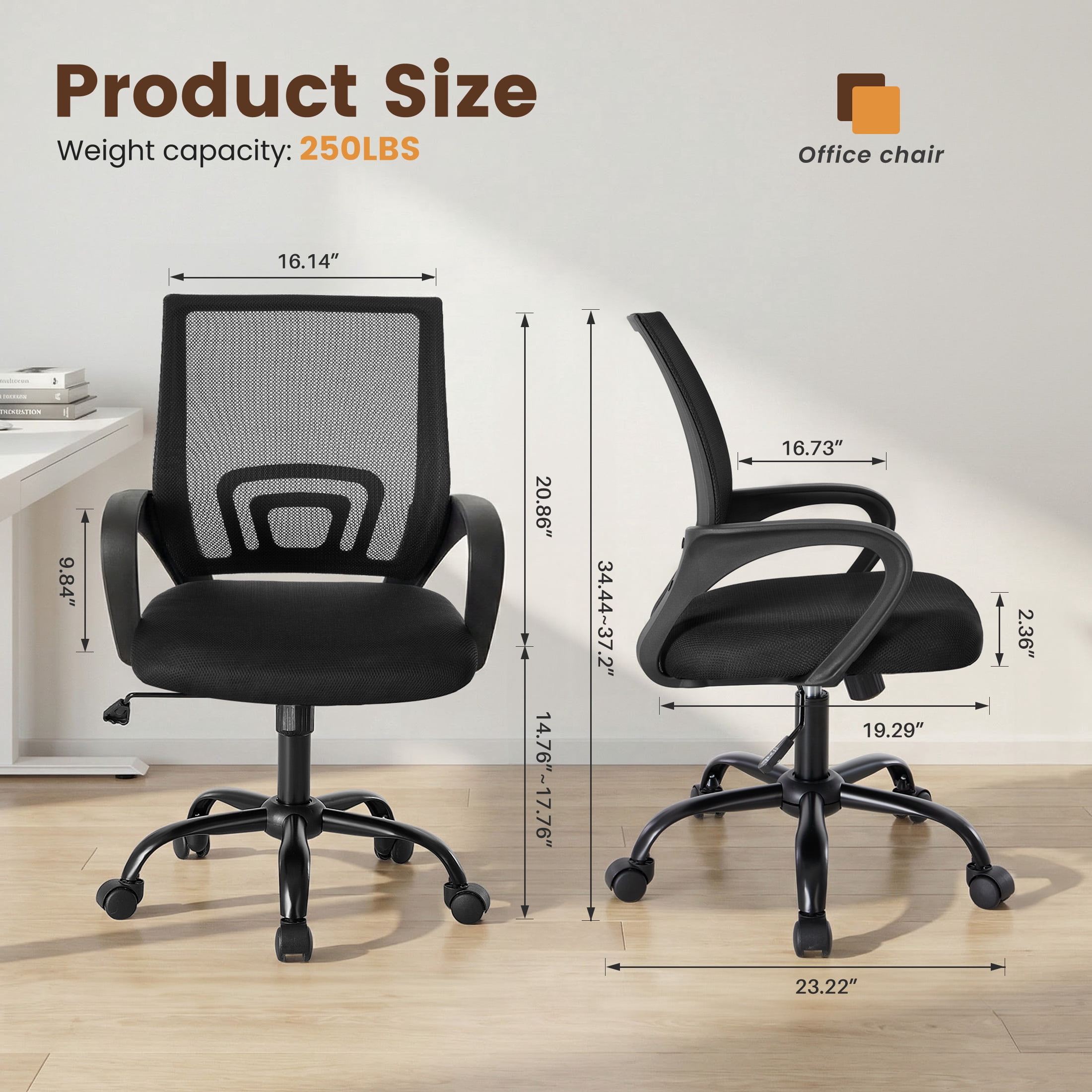 EDX Ergonomic Mid-Back Office Chair - Swivel Desk Chair with Lumbar Support, Breathable Mesh Backrest, Adjustable Height, Sponge Seat & Smooth Rolling Wheels, Black