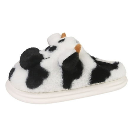 

Couples Men Women On Furry Flat Home Winter Round Toe Keep Warm Spotted Cow Slippers Shoes