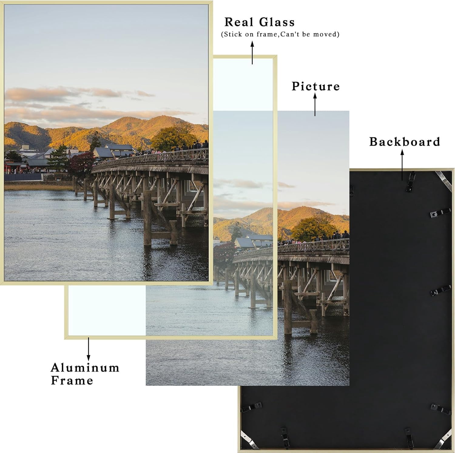 Frametory, 18x24 Aluminum Picture Frame, Real Glass Front, Display 18 x 24 Photo for Wall, 18 by 24 Poster Frame, Hook for Horizontal/Vertical Mount (Gold 4 PACK)
