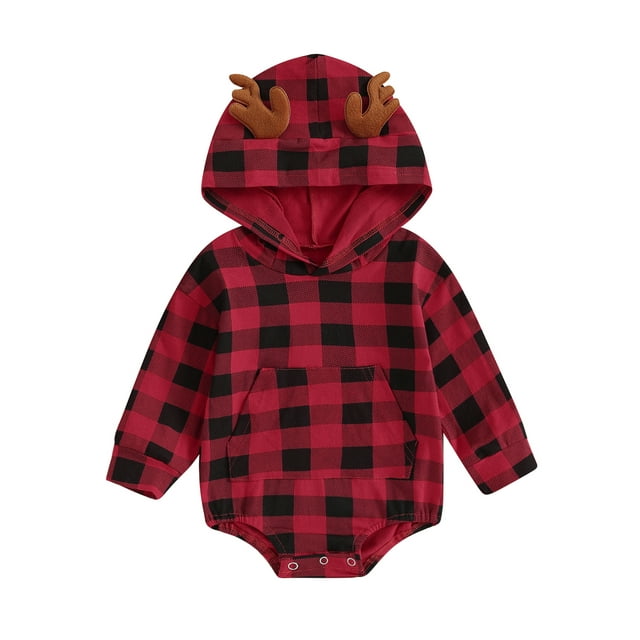 Nituyy Barboteuse à Capuchon de Noël pour Bébé Fille, Rouge, à Manches Longues, à Carreaux de Bois de Renne, avec une Poche