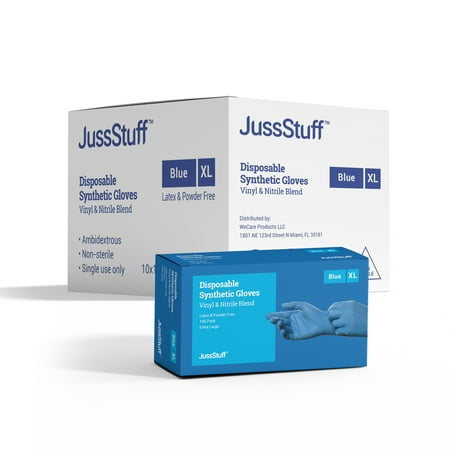 

JussStuff Synthetic Nitrile & Vinyl Blend Latex Free Powder Free Gloves Multifunction Kitchen Gloves All-Purpose - Blue - 10 Boxes of 100 Gloves (1000 Total) - XL
