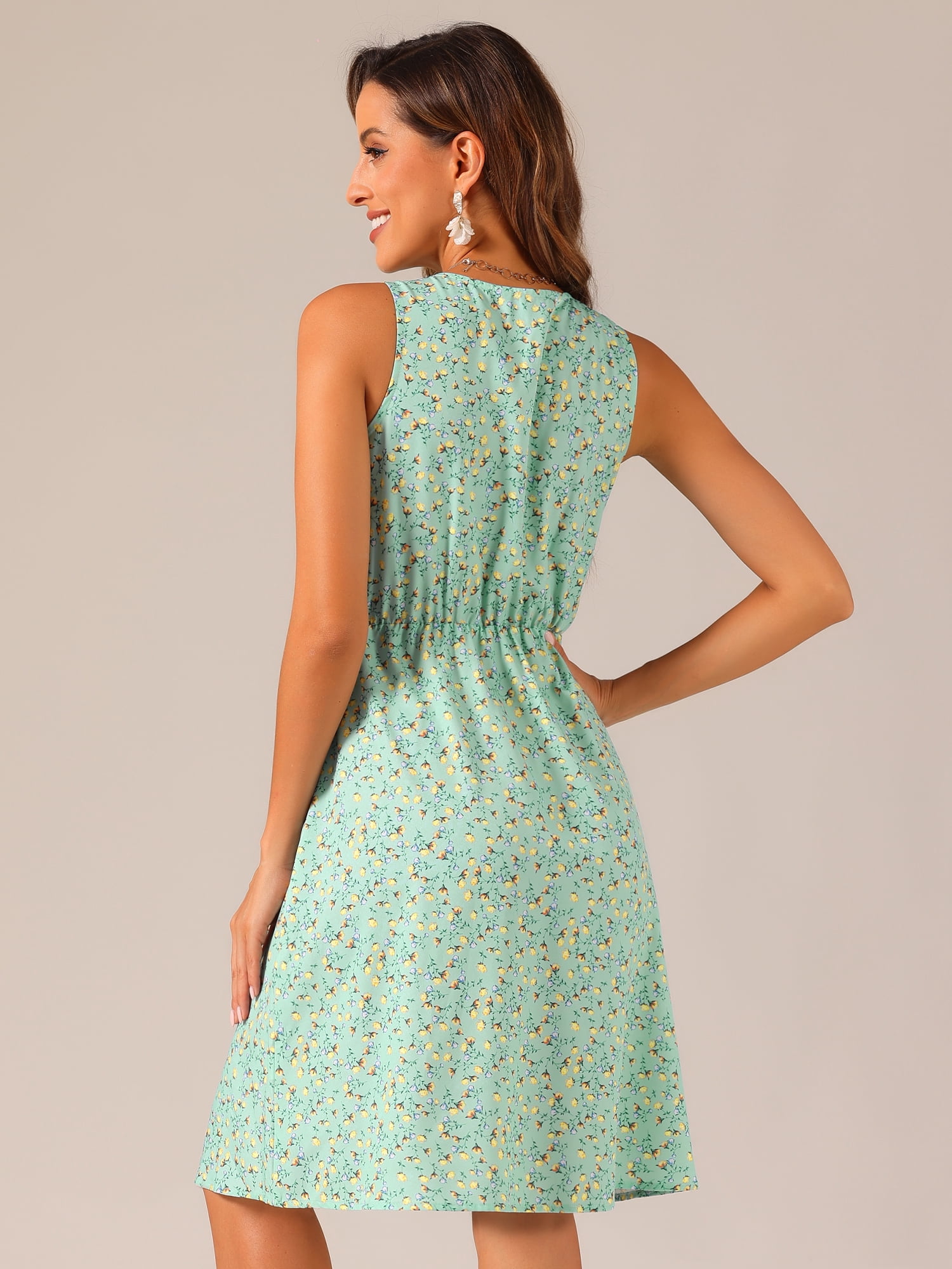 DARING DIVA Floral Sleeveless Drawstring Waist A-Line Dress M Light Green