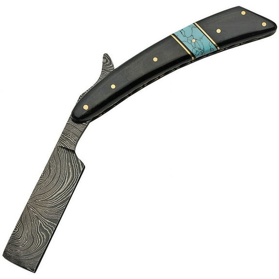 SANZ 6.25" Damascus Folding Razor – Horn & Turquoise Handle, Gold Lining, Handcrafted Design