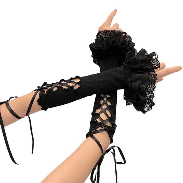 Gupgi Gants en Dentelle Sans Doigts pour Femmes Manches Gothiques avec Nœud Papillon