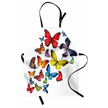 Butterflies Apron Many Different Butterflies Romance Togetherness Joy Wildflowers Hiking Trees, Unisex Kitchen Bib Apron with Adjustable Neck for Cooking Baking Gardening, Multicolor, by Ambesonne