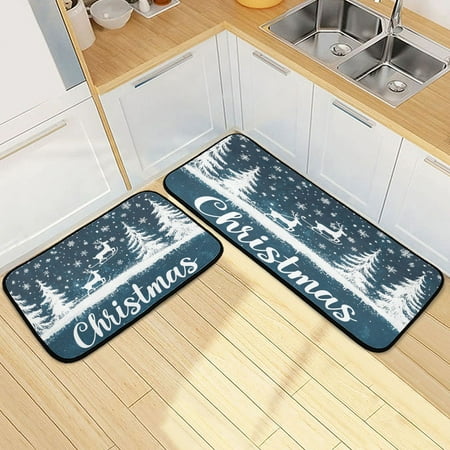

Kitchen Rugs and Mats【2 PCS】Non Skid Design White Snowflakes Reindeer Creative Kitchen Mat