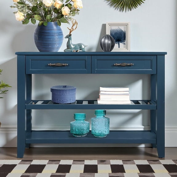 GZXS Vintage Style Console Table with Drawers and Shelves, 42" Rustic Buffet or Sofa Table for Couch Behind, Hallway, Living Room, Office (Navy Blue)