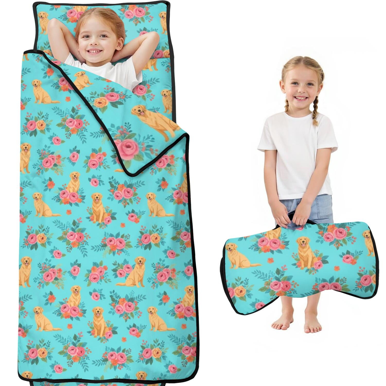Golden Retriever and Rose Blue Kids Nap Mat Daycare Sleep Mat with Handle & Fastening Straps Easy Roll Up Gifts for Daycare Preschool 60 x20