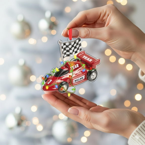 Personalized Red Sports Car Acrylic Christmas Ornament (Name & Year) Open-Wheel Racing Holiday Tree Decor, Motorsports Enthusiast Commemorative Keepsake