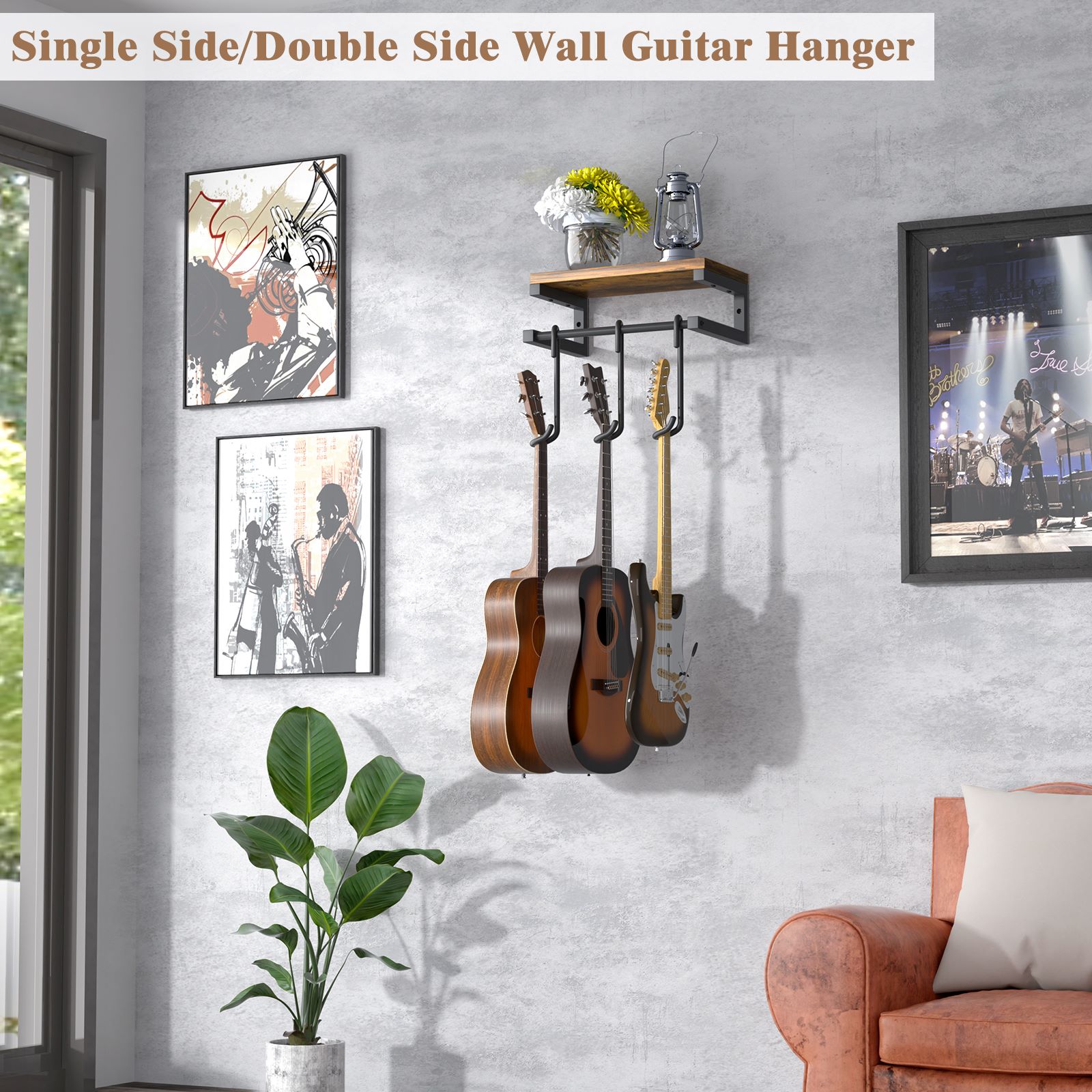 Olakee Guitar Wall Hangers with Mounting Kit — Dual-Twist Hook, Heavy-Duty Steel & Wood Shelf, 3-in-1 Display System, 44lb Capacity
