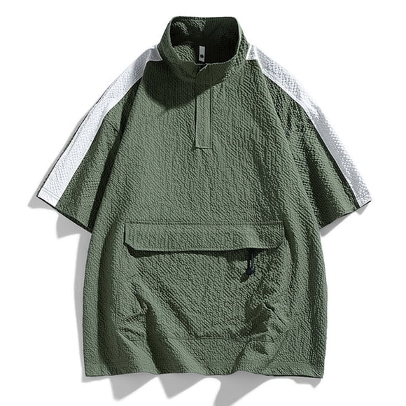 pstuiky Camisas de vestir de manga corta para hombre, Camisa/top informal de manga corta con cuello alto y bolsillo con cremallera de color liso para hombre camisas casuales para hombre xl