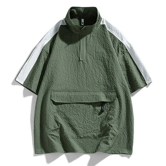 M-5X Mens Big & Tall T-Shirts Plus Size with Pockets and Zipper Stand Collared Lightweight Short Sleeve Pullover Color-Block Tees Tops