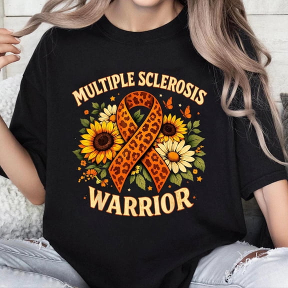 100% Cotton Unisex Ms Awareness Sunflower Leopard Ribbon Multiple Sclerosis T-Shirt