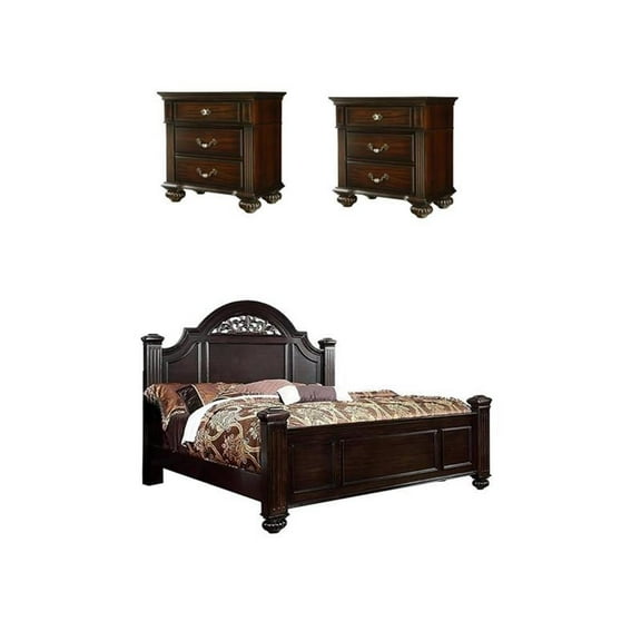Home Square Set of 3 California King Panel Bed and 2 Nightstands in Dark Walnut