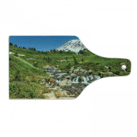Travel Cutting Board, View of Edith Creek Mount Rainier National Park Calming Setting for a Vacation, Decorative Tempered Glass Cutting and Serving Board, in 3 Sizes, by Ambesonne