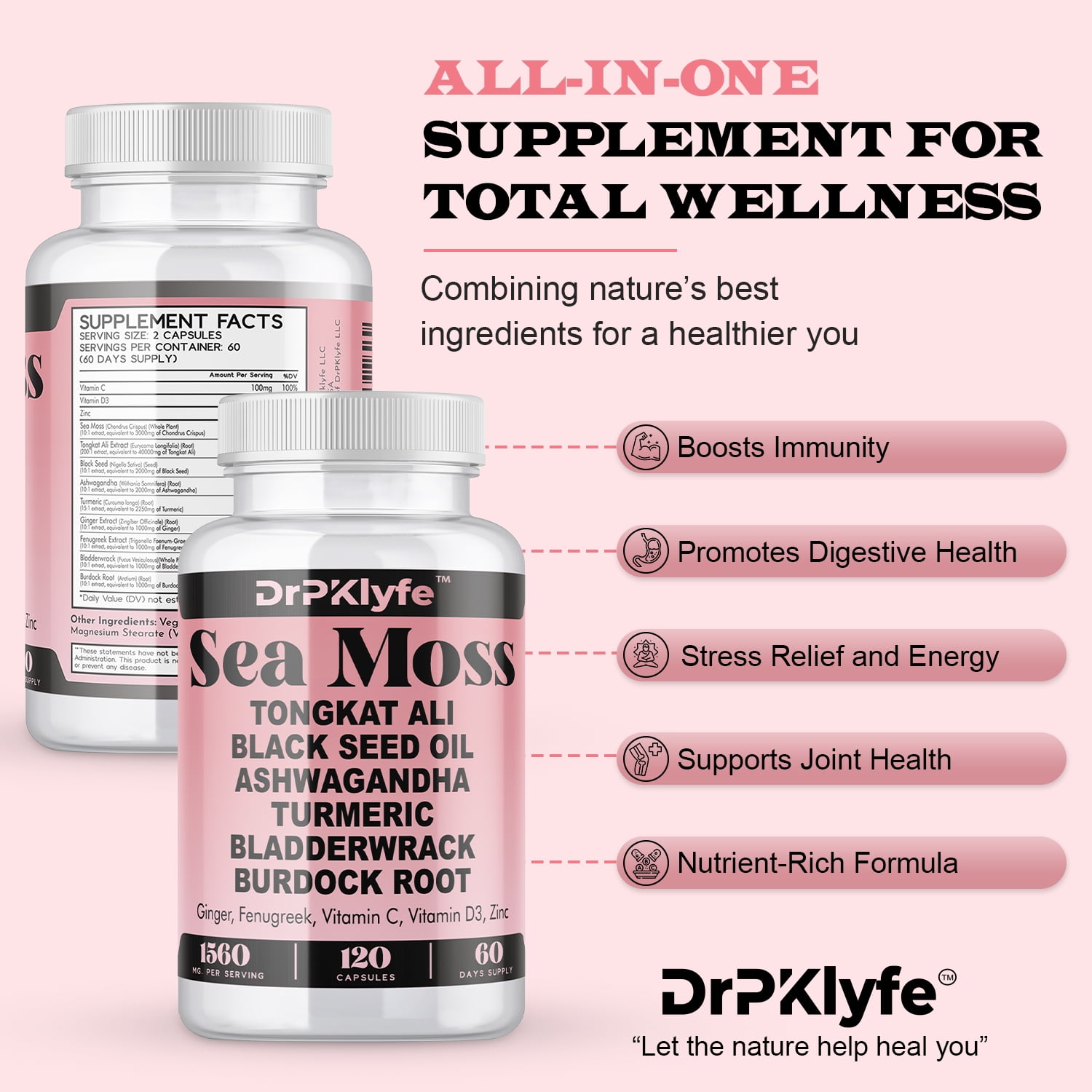 Sea Moss 3000mg Black Seed Oil 2000mg Ashwagandha 2000mg Ginger, Turmeric, Bladderwrack, Burdock Root & More - All in One Supplement 120 Vegan Capsules