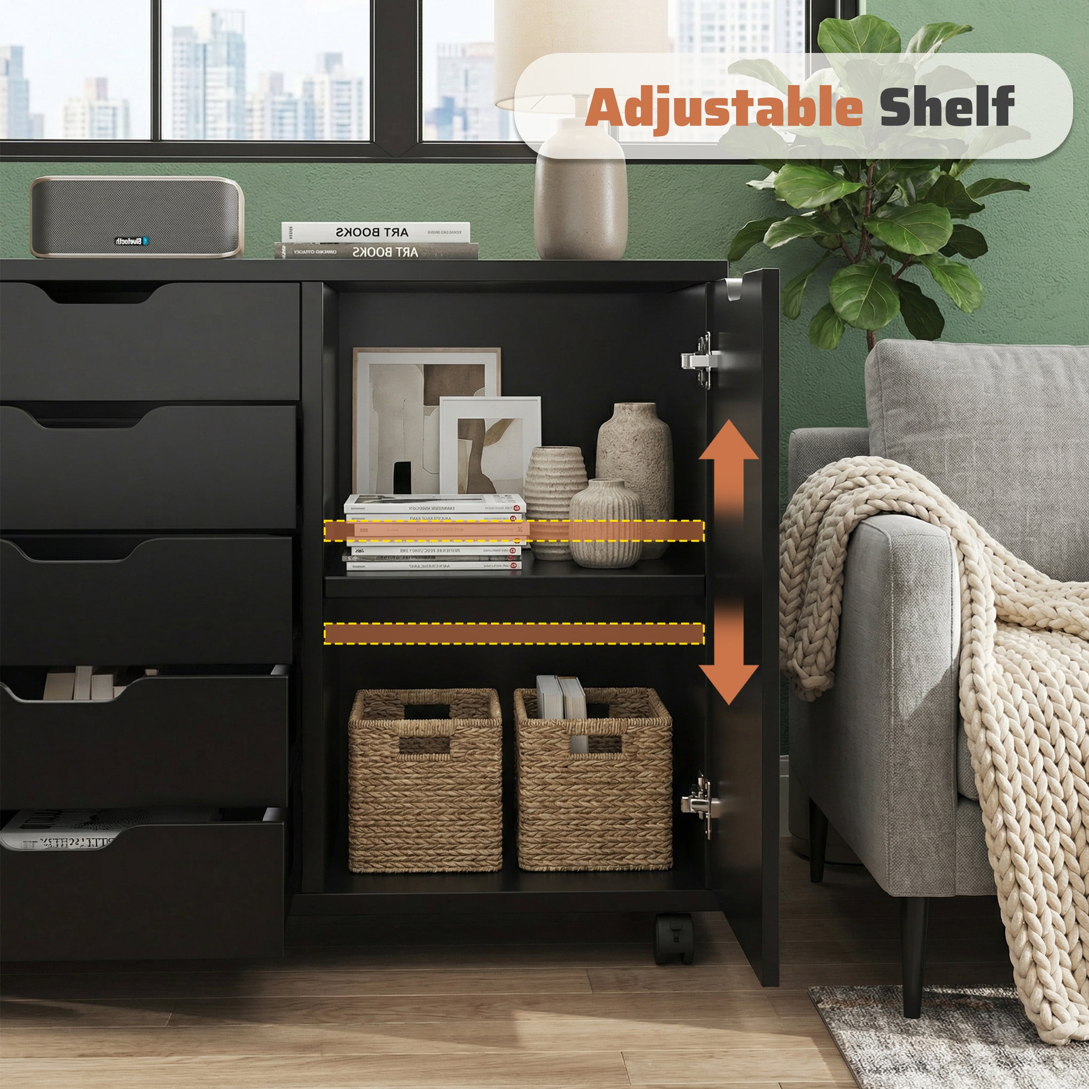 EDX 5-Drawer Wood File Cabinet, Mobile Printer Stand with Adjustable Shelf & Wheels, Storage Shelves for Home Office, Black
