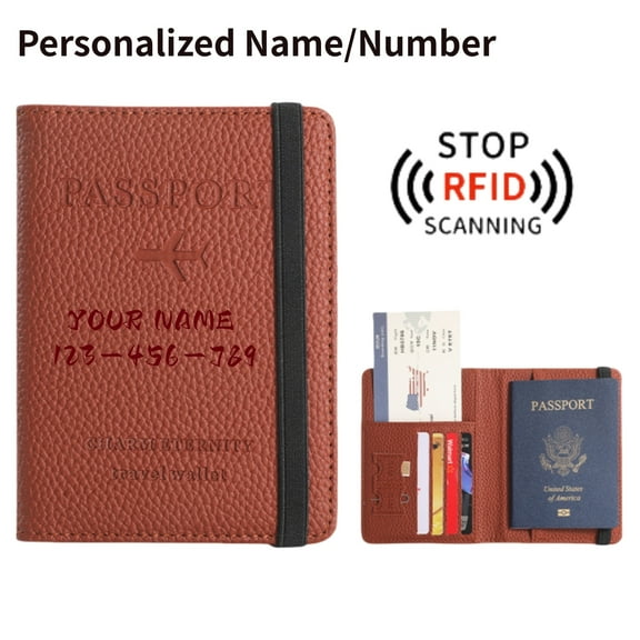 Personalized Name Travel Passport Holder, Personalized Initials Embossed Lychee Leather RFID Blocking Passport Cover Elegant And Stylish Unisex Passport Book And Card Wallet, Brown