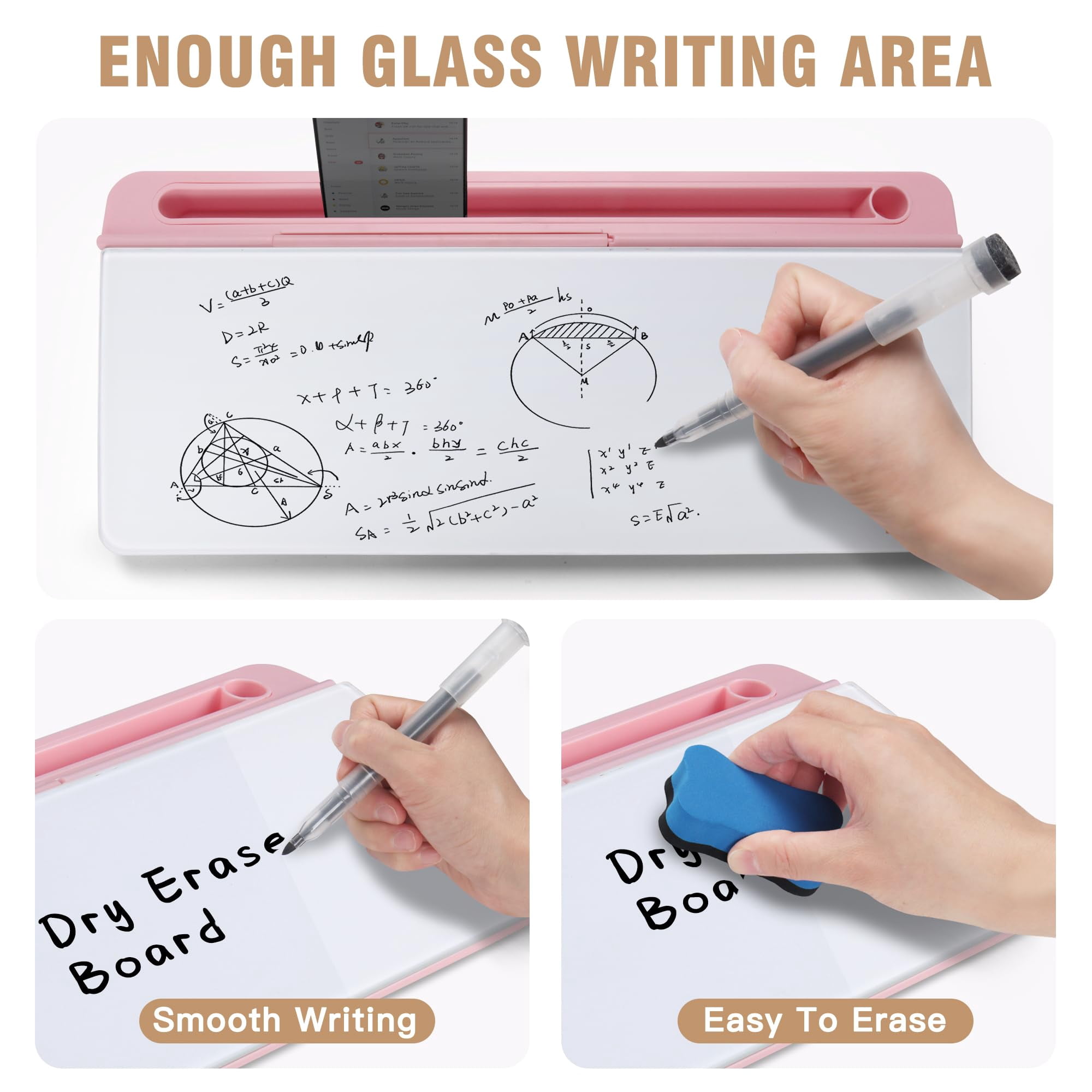 Desktop Glass Whiteboard With Organizer & Built-in Mirror - Small Dry Erase White Board Computer Pad Stand Markers  Eraser Holder For Women Pink
