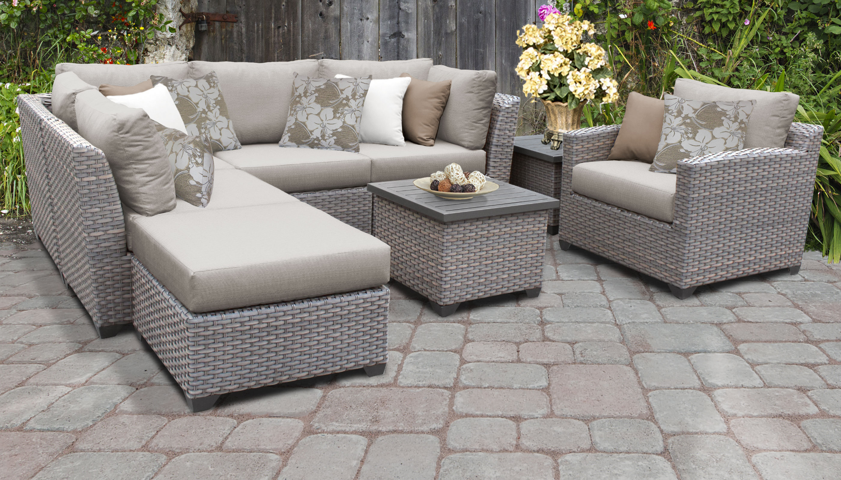 TK Classics Florence Wicker 8 Piece Patio Conversation Set with End Table and 2 Sets of Cushion Covers - image 1 of 11