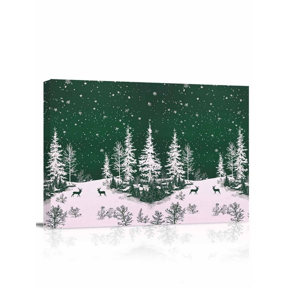 Christmas Snowflake Canvas Print Wall Art Framed Canvas Art Wall Decor Elk Pine Trees Winter Deep Green Pictures Painting Morden Artwork for Living Room Bedroom, Ready to Hang - 12"x16"