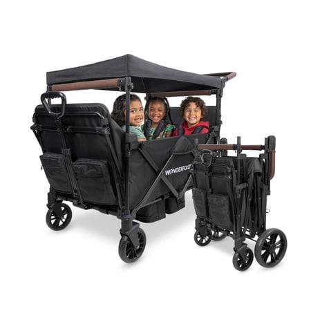 WONDERFOLD X4R Rev Stroller Wagon (4 Seater) - Collapsible Stroller Wagon with 5-Point Seatbelt Harnesses, Reclining Seats & Footwells, Black