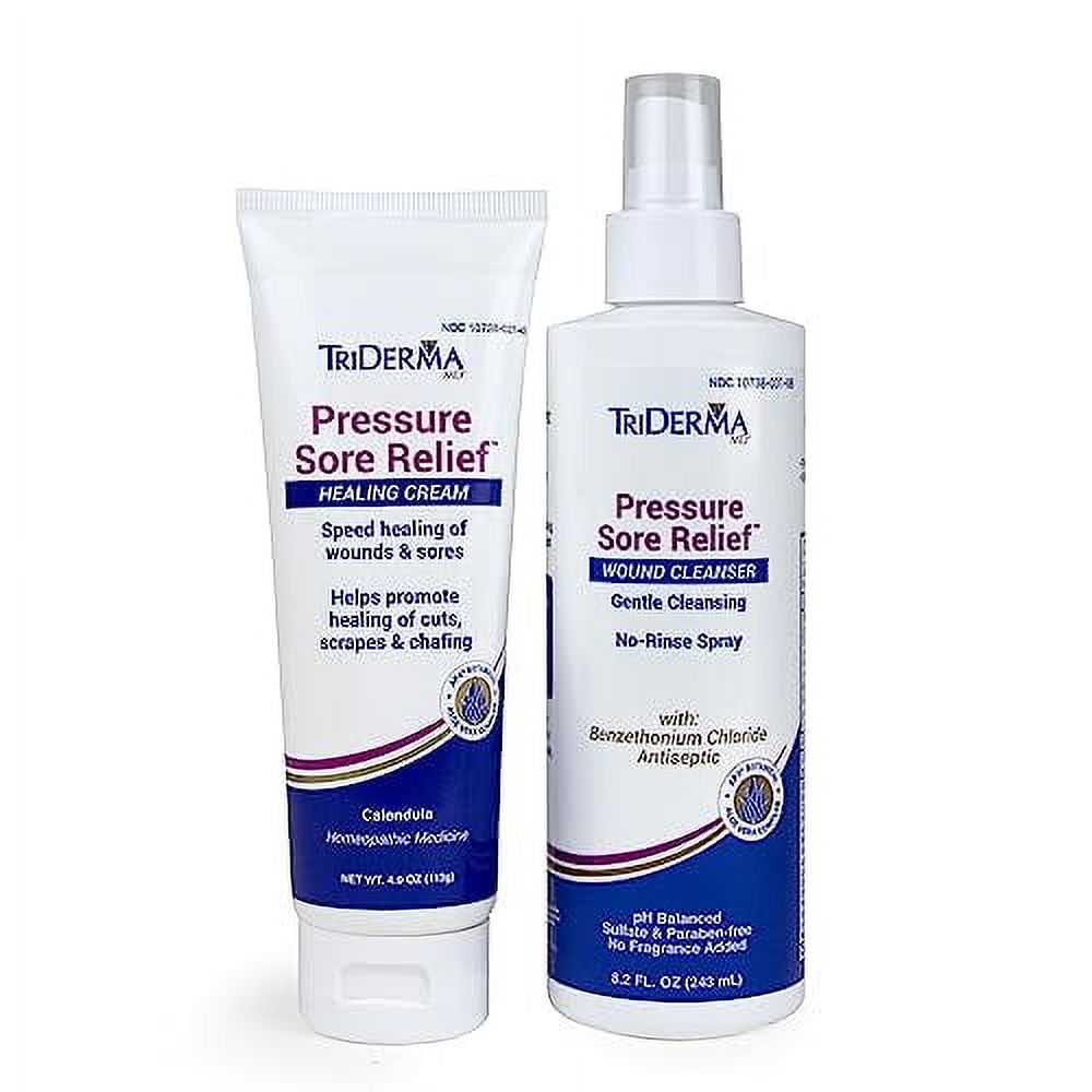 TriDerma MD Pressure Sore Relief Healing Cream & Wound Cleanser - FSA Eligible - Bed Sores, Ulcers, Pressure Sores and Wounds Bundle, (1) 4 oz Tube, (1) 8.2 oz Spray Bottle