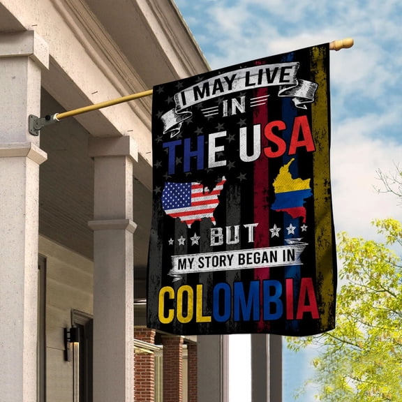 Flags I May Live in The USA But My Story Began in Colombia Flag Proud Colombian American House Flag, Double-Sided Decorative Outdoor Flag, Patriotic Polyester Yard Flag 29.5 x 39.5 in