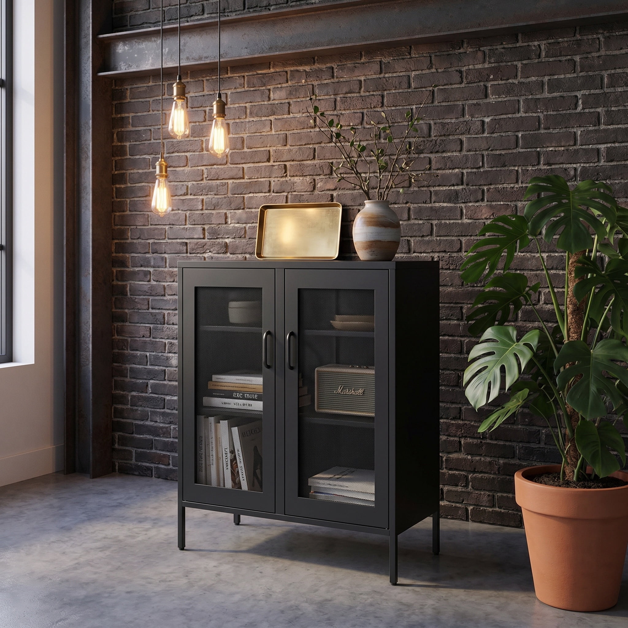 Nordic Hygge Metal Storage Cabinet with Mesh Doors and Adjustable Shelves for Home Office, Bathroom, and Living Room, Black