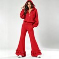 thumbnail image 2 of Szluipve 2 Piece Sets for Women Half Zip Hooded 2 Piece Tracksuit Set Long Sleeve Pullover Hoodie Top & Ruffle Hem Flare Wide Leg Pants Casual Loungewear Outfit with Pockets Red M, 2 of 8