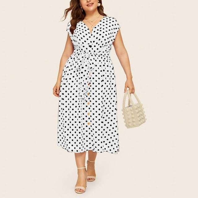 LSLJS Robe Grande Taille pour Femmes à Imprimé Polka avec Boutons, Ceinture à Lacets, Jupe à Col en V