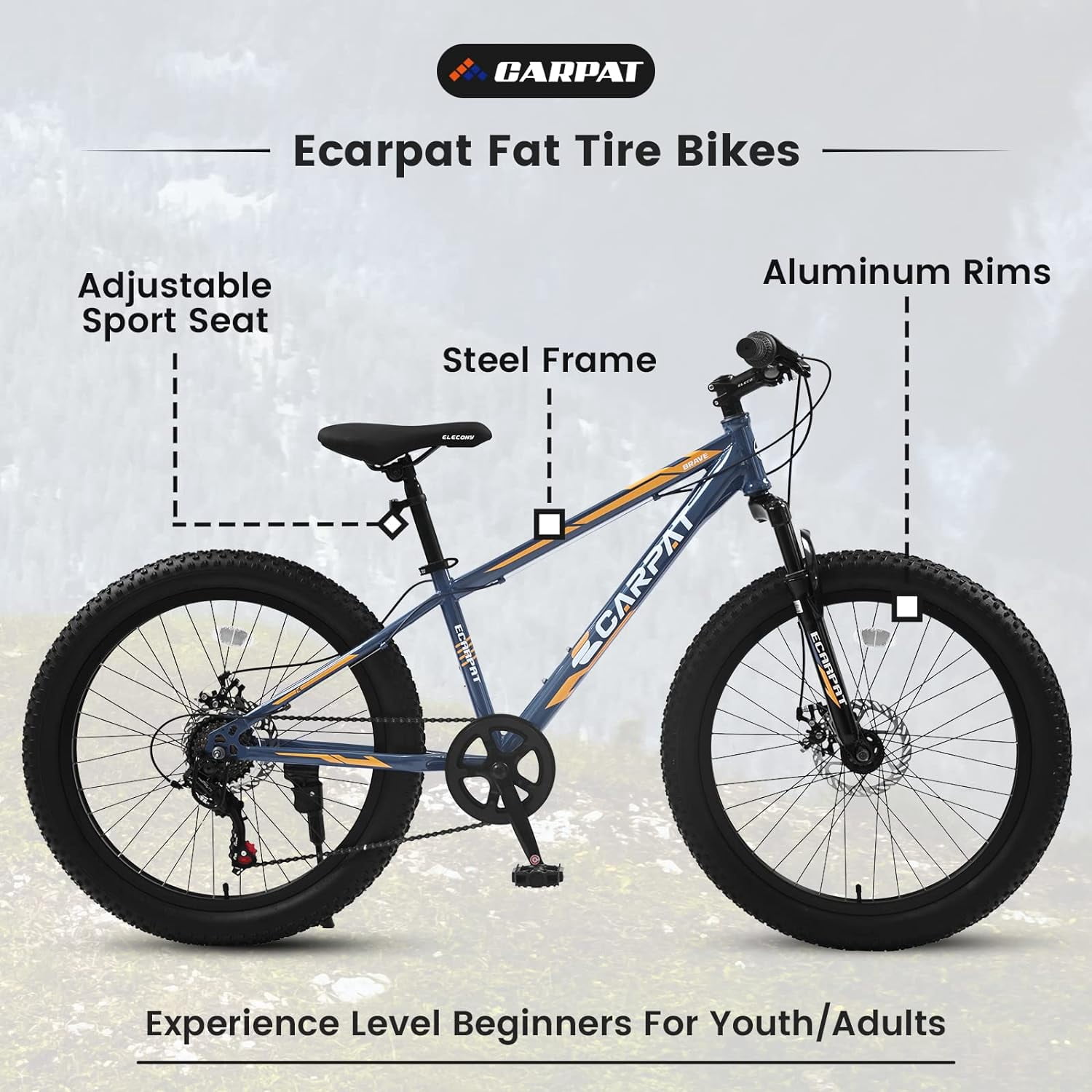 Ecarpat Fat Tire Mountain Bike for Adults Mens 24 inch, 21Speed Disc Brakes, Disc Brakes