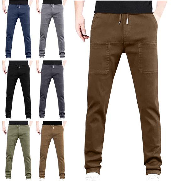 Danhjin Cargo Pants for Men Elastic Waist with Drawstring Straight Leg Casual Hiking Camping Loose Work Pants Solid Color Multi Pockets Trousers