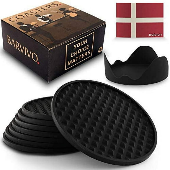 BARVIVO Coasters For Drinks with Holder - Set of 8 (Black)