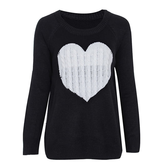 Mialoley Chandail-Over à Col Rond en Tricot à Manches Longues pour Femmes, Cœur, Saint-Valentin