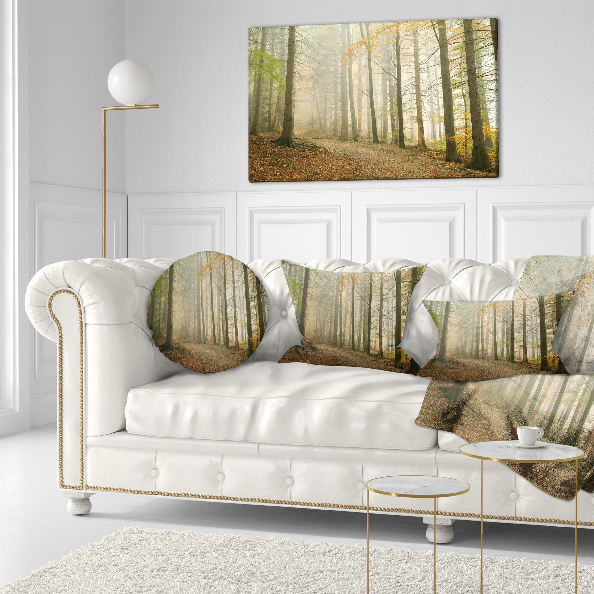 Designart Path in Misty Autumn Forest - Landscape Photography Throw Pillow - 12x20