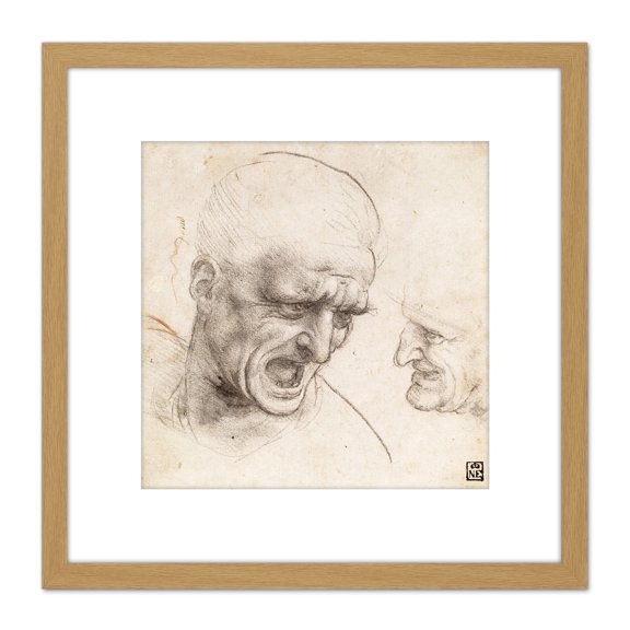 Da Vinci Two Warriors Heads Battle Anghiari Sketch 8X8 Inch Square Wooden Framed Wall Art Print Picture with Mount